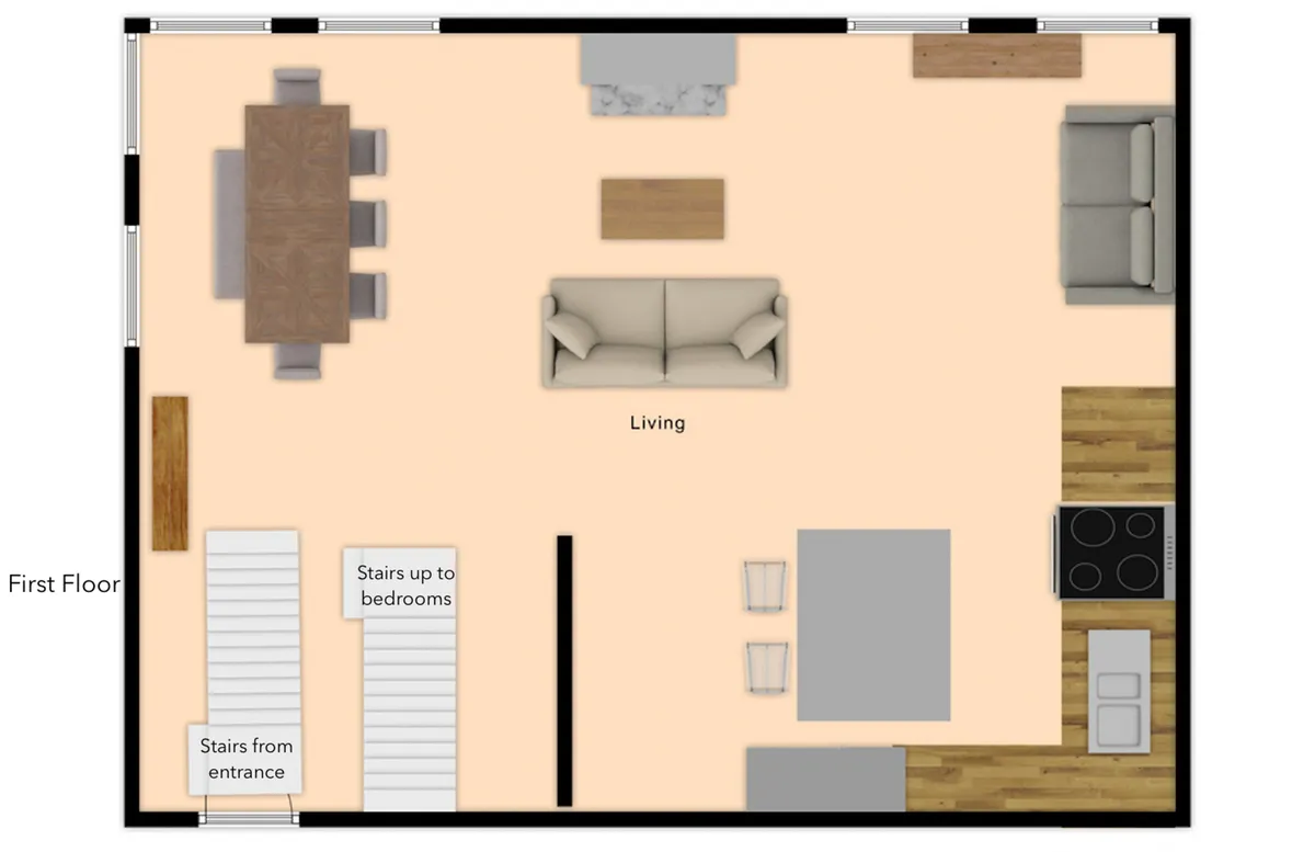 A bright and inviting open-plan space that brings together a dining table, comfortable living area with a sofa, and a modern kitchen. The room is filled with natural light, offering a welcoming atmosphere for family meals, socializing, and relaxation.