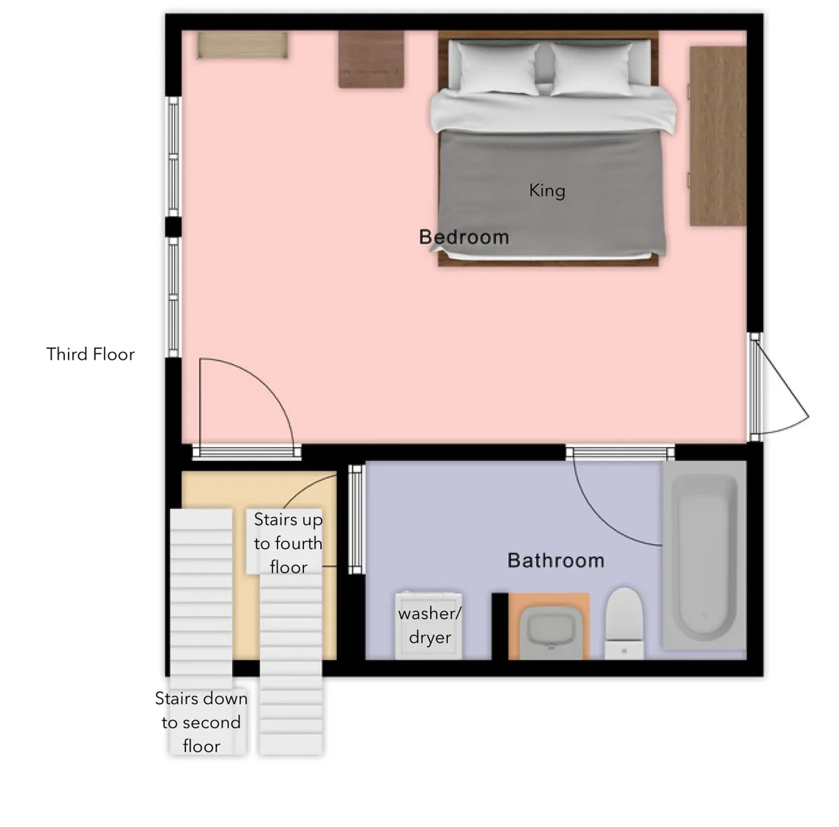 A comfortable bedroom scene with a king bed, an adjoining bathroom, and visible stairs. The space is organized and homely, suggesting easy transitions between rest, care routines, and daily activities, including laundry.