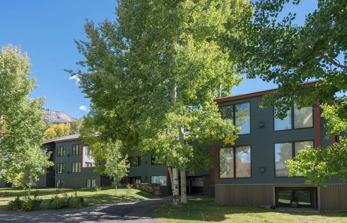 Modern architecture set among tall trees, with large windows reflecting the surrounding nature. The exterior invites exploration, gathering, and appreciation of Telluride’s landscape while walking through the neighborhood.