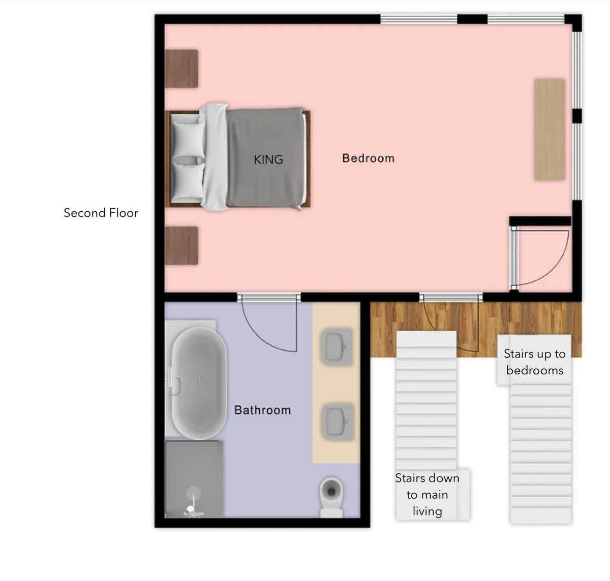 A serene king bedroom featuring a plush bed, a visible bathtub in the adjacent en suite bathroom, and a staircase hinting at the multi-level layout. The soft lighting, warm textures, and relaxing mood evoke comfort and luxury, while the stairs visually reinforce the section's emphasis on bedrooms across levels.
