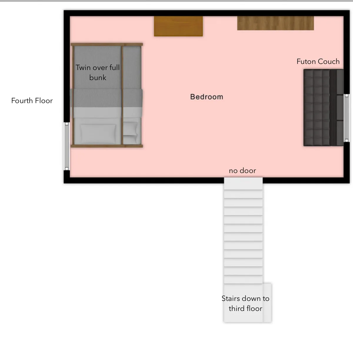 A playful loft bedroom with a twin-over-full captain's bunk, a cozy futon, and a wooden table. The space feels inviting and flexible, with a layout perfect for kids, families, or extra guests.
